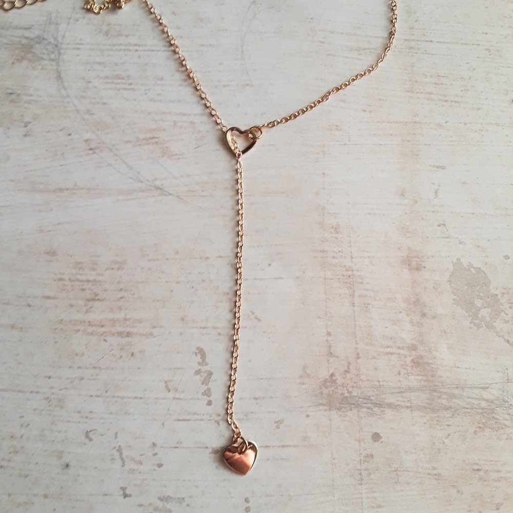 Minimalist Dainty Gold Double Heart Lariat Necklace - Picture 3 of 8
